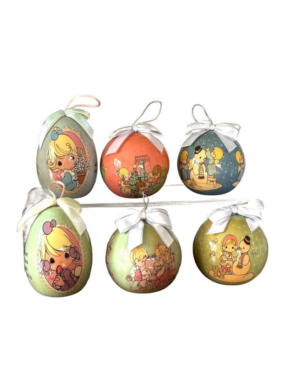 Vintage Precious Moments Enesco Christmas Ornaments Lot of 6 1990s Balls Eggs
